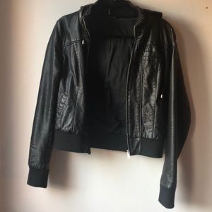 Black leather jacket with hood